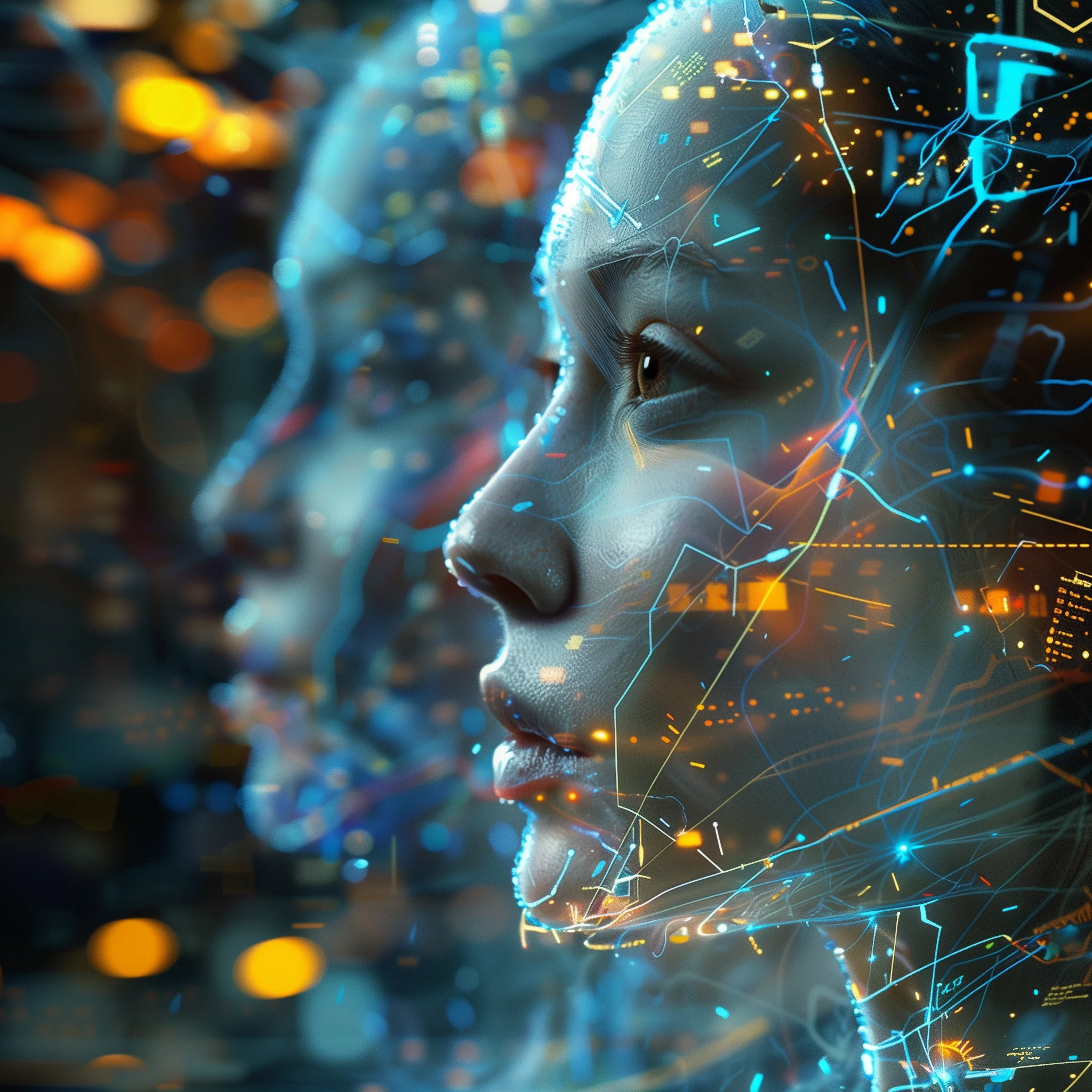 A human profile woven with circuitry and light